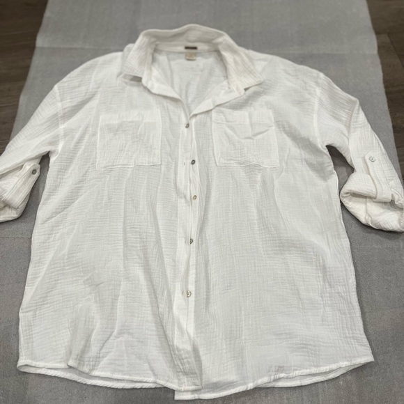 [L]Magaschoni White Organic Cotton Button Shirt Gauze Rolled Sleeve Lagenlook - Picture 1 of 6